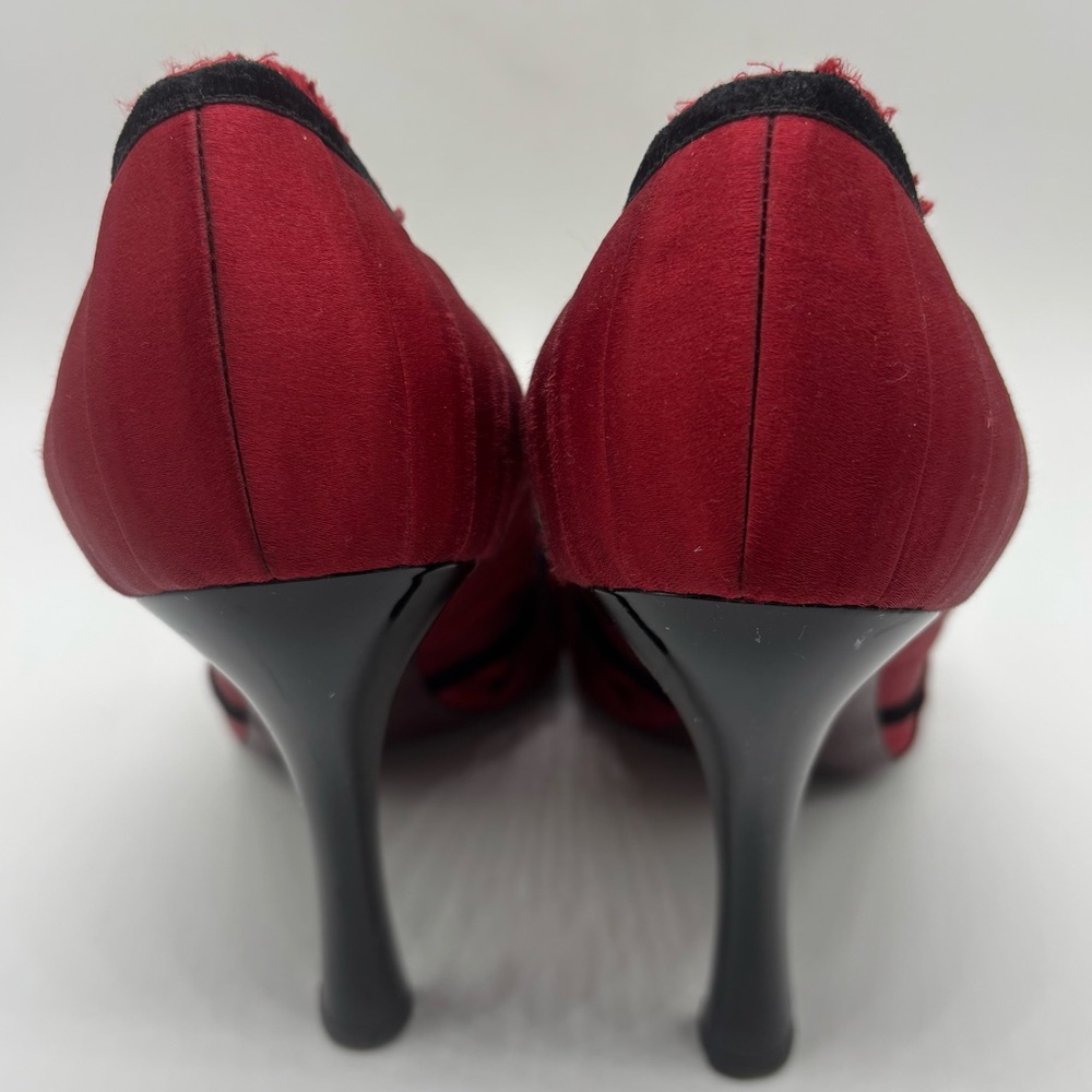 Louis Vuitton Red Satin Black Lace Balmoral Pumps 3” High Heels Sz 37.5 US 7.5 - Picture 5 of 11